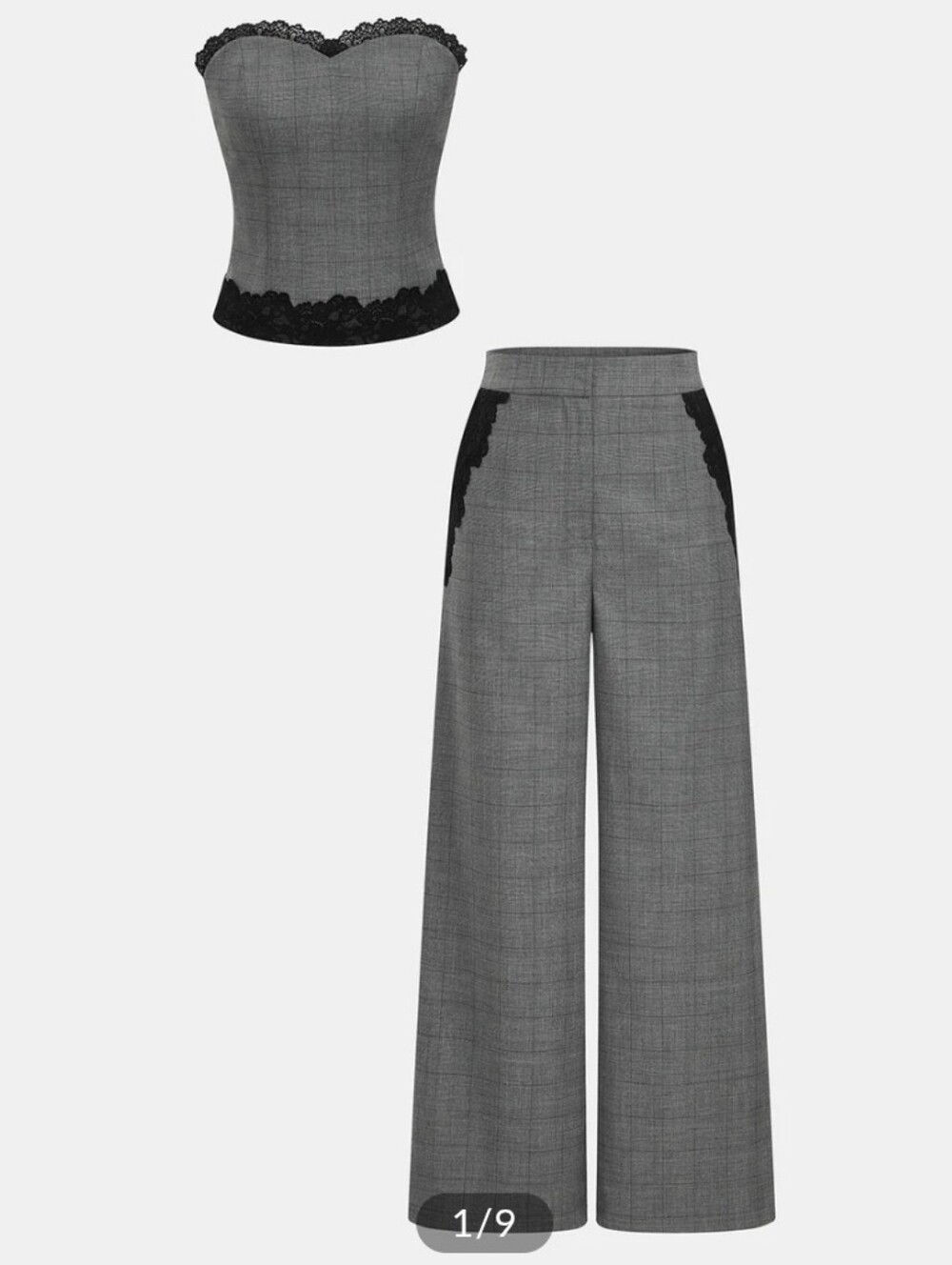 Plaid Lace-Trim Strapless Top & Wide-Leg Pants Set